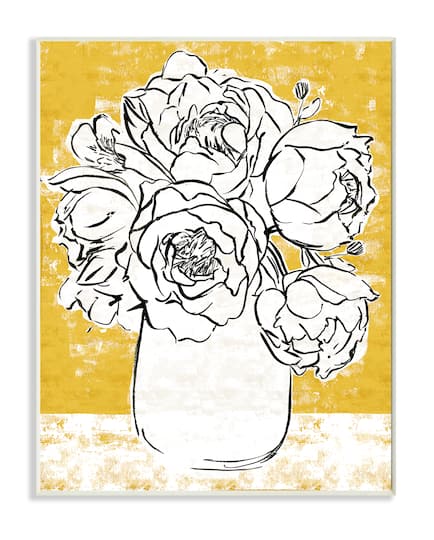 Stupell Industries Peony Sketch Bouquet Contrasted Distressed Yellow Wood Wall Plaque